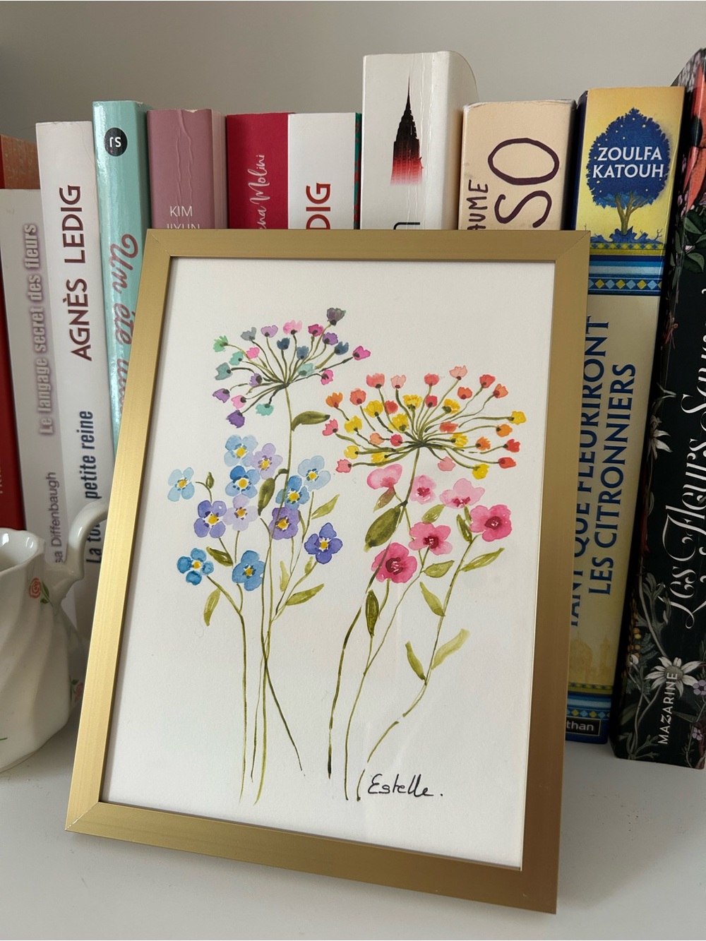 Framed Floral Watercolor Print in Gold Frame